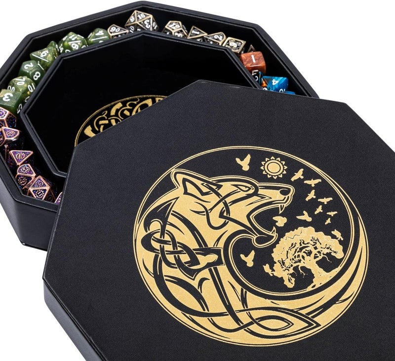 Soar Forge DND Dice Tray - Premium 9 Inch Tray for Dungeons and Dragons: Exquisitely Detailed Gold World Tree & Wolf Raven Design - Perfect Rolling & Box Storage to Protect Your Dice for D&D and RPG - Image 1